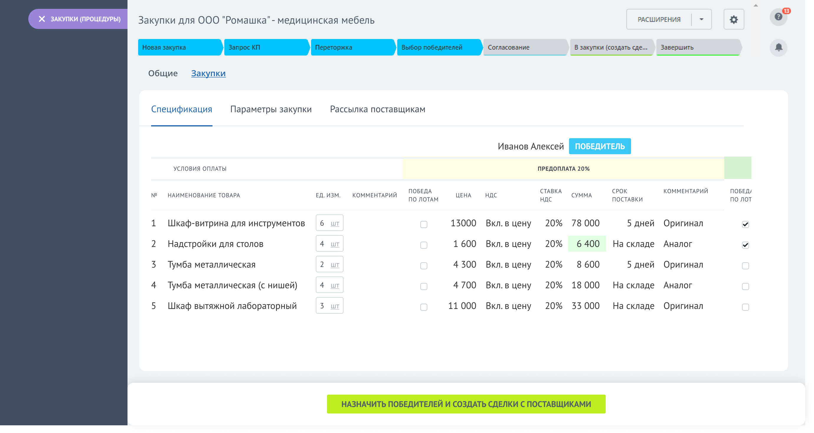 Сравнительная таблица предложений поставщиков