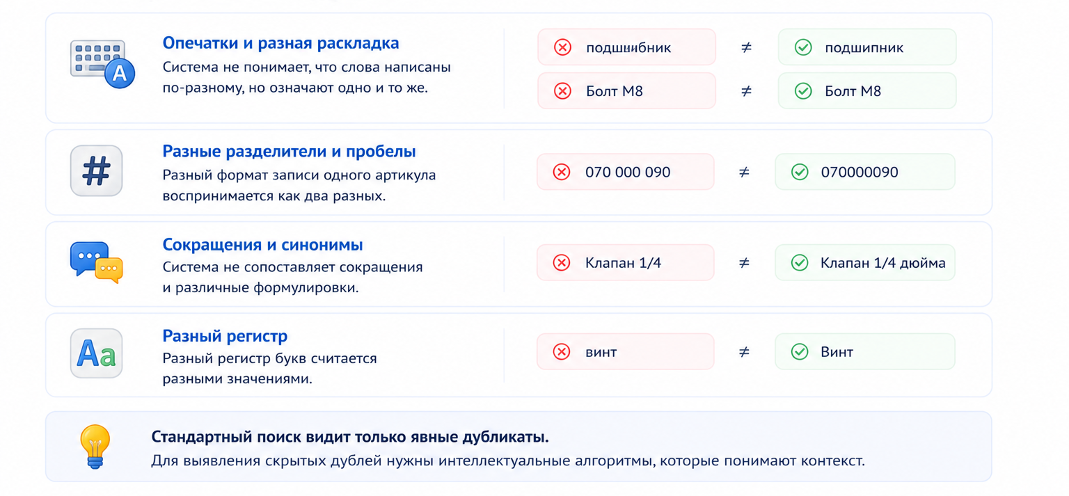 Почему стандартный поиск в 1С и CRM не справляется с дубликатами 
