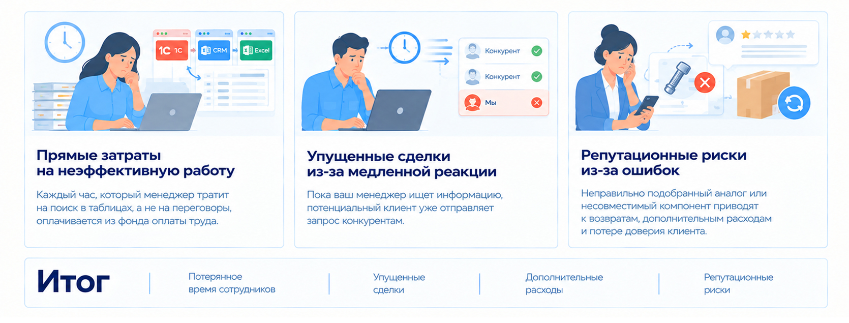 Цена ручного поиска аналогов в нескольких системах: затраты рабочего времени, упущенные сделки из-за медленной реакции и репутационные риски из-за ошибок.