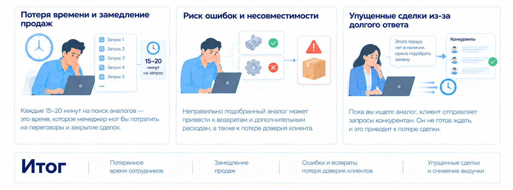 Скрытые издержки ручного поиска аналогов в справочнике НСИ: потеря времени менеджеров, ошибки и несовместимость товаров, упущенные сделки и снижение выручки.