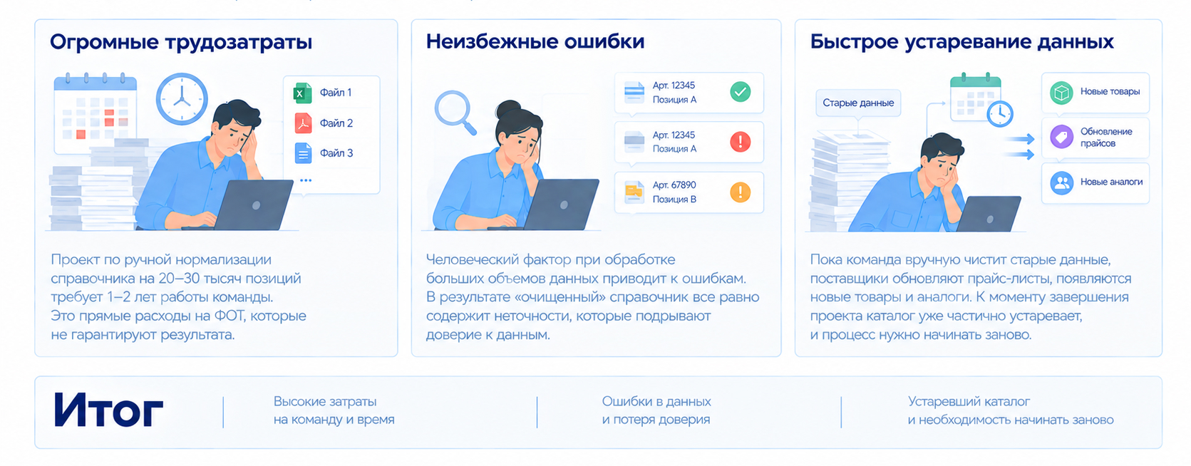Ручная нормализация каталога НСИ требует больших затрат времени и ресурсов, сопровождается ошибками и приводит к быстрому устареванию данных.