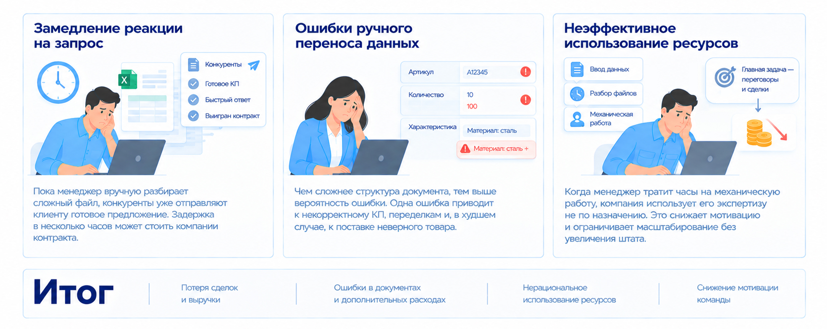 Скрытые потери бизнеса из-за негибких процессов: замедление реакции на запросы, ошибки ручного переноса данных и неэффективное использование ресурсов.
