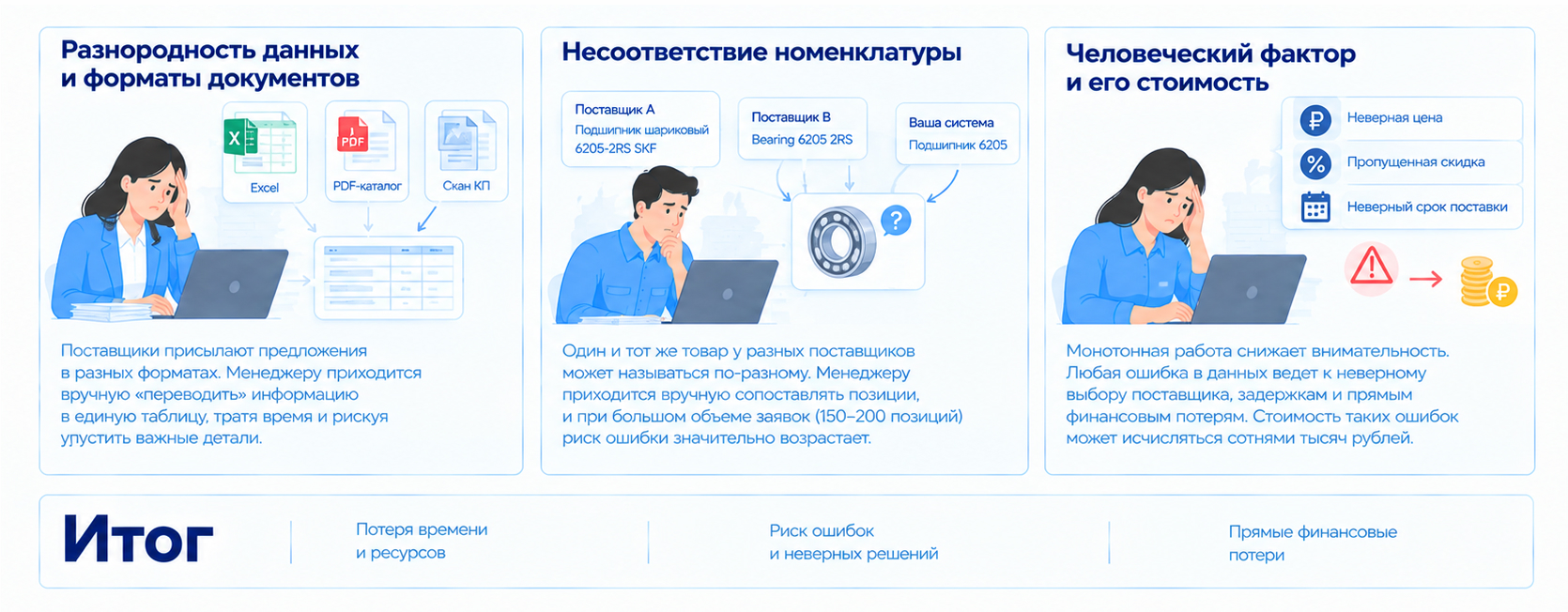 Проблемы ручного анализа коммерческих предложений: разнородные форматы документов, несоответствие наименований номенклатуры и человеческие ошибки при переносе данных приводят к рискам и финансовым потерям в закупках.
