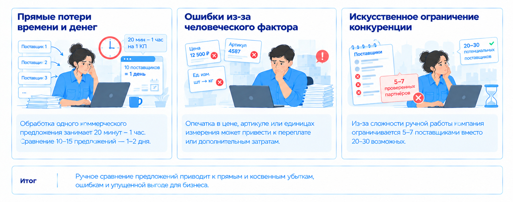 Как ручное сравнение предложений поставщиков приводит к потерям времени и денег, ошибкам из-за человеческого фактора, ограничению конкуренции и упущенной выгоде для бизнеса.