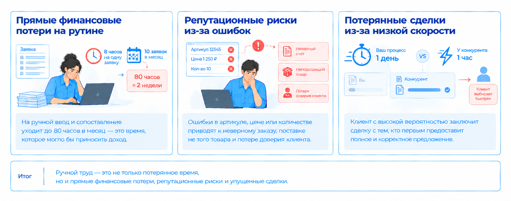 Скрытые потери ручного сопоставления: 80 часов работы в месяц, ошибки, репутационные риски и упущенные сделки из-за низкой скорости.