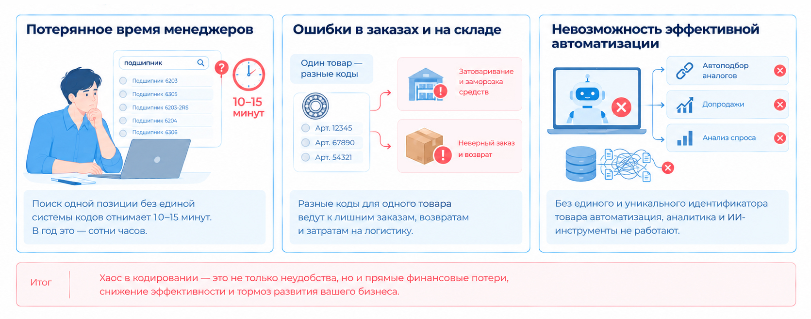 Ручная кодировка товаров приводит к потере времени, ошибкам в заказах и складе и мешает автоматизации из-за неструктурированных данных.