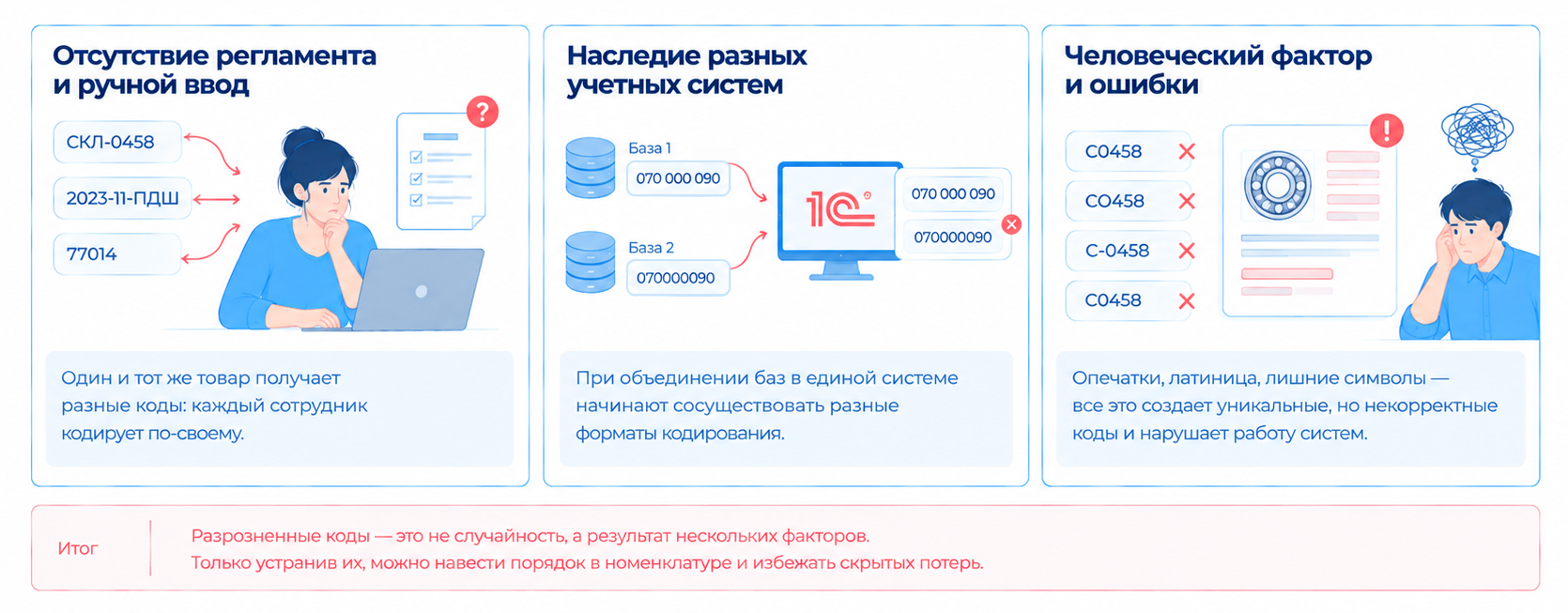 Разрозненные коды номенклатуры возникают из-за отсутствия регламентов, наследия разных систем и человеческих ошибок при вводе данных.