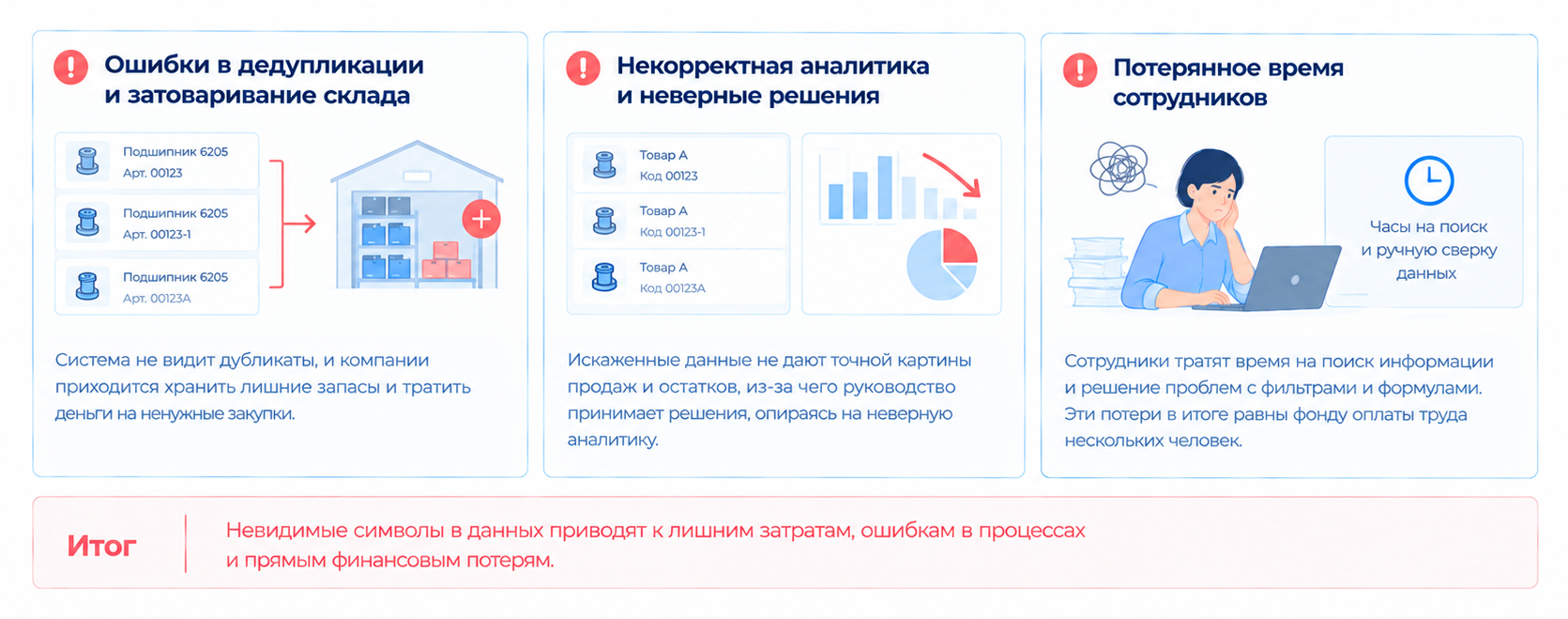 «Цифровой мусор» приводит к дубликатам, затовариванию склада, искажению аналитики и потере рабочего времени сотрудников.