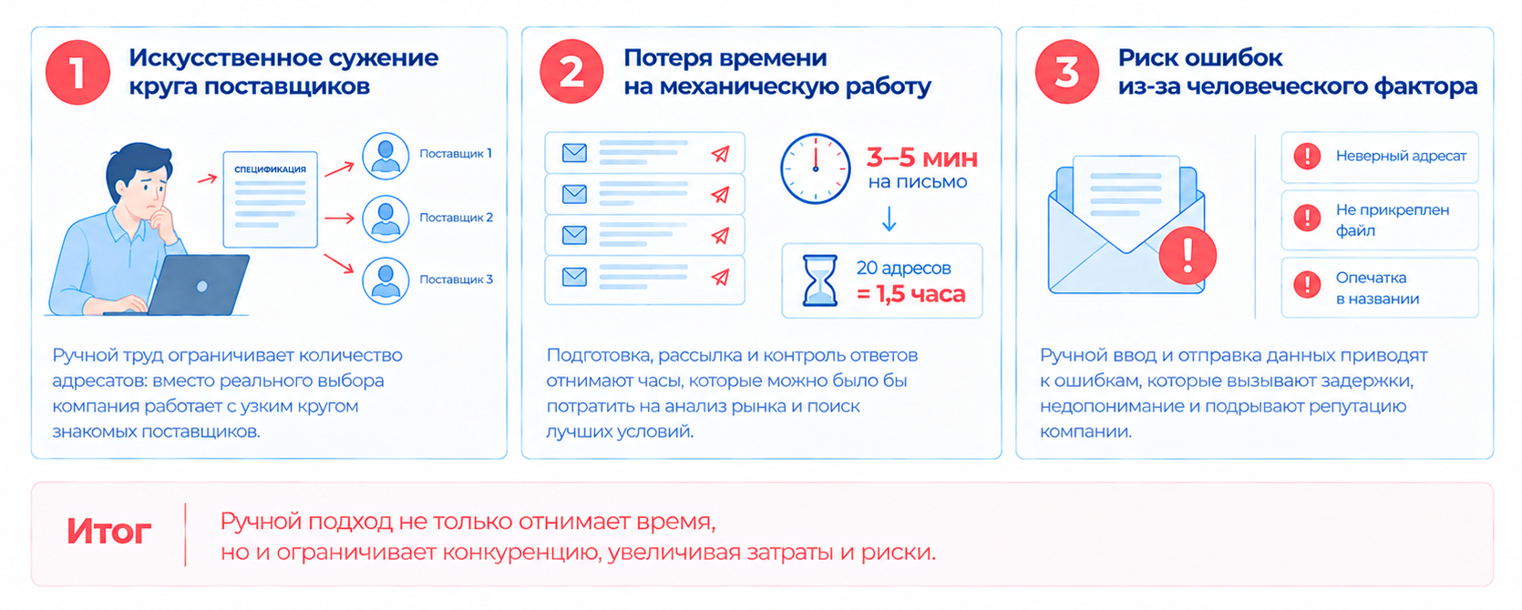 Ручная рассылка ограничивает круг поставщиков, отнимает время и повышает риск ошибок, задержек и упущенной выгоды.